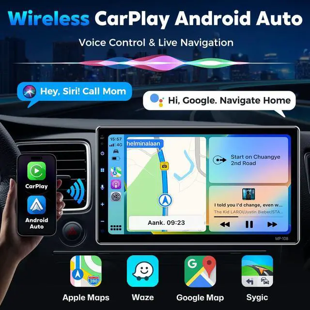 Alt view image 3 of 7 - 10.1" Wireless Single Din Car Radio Stereo with Apple Carplay Android Auto Touch Screen, Car Play Audio Receivers Headunit, Bluetooth 5.3, Backup Camera, 240W, 2 Subwoofers, Navigation, FM/AM, SWC