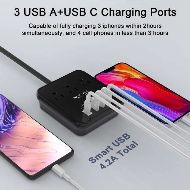 Alt view image 3 of 7 - Cruise Essentials,6 Ft Power Strip with 3 Outlets and 4 USB Ports(1 USB C), Non Surge Protector for Cruise Ship, Travel, Home Office, ETL Listed, Black