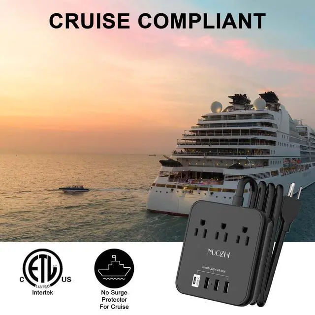 Alt view image 4 of 7 - Cruise Essentials,6 Ft Power Strip with 3 Outlets and 4 USB Ports(1 USB C), Non Surge Protector for Cruise Ship, Travel, Home Office, ETL Listed, Black