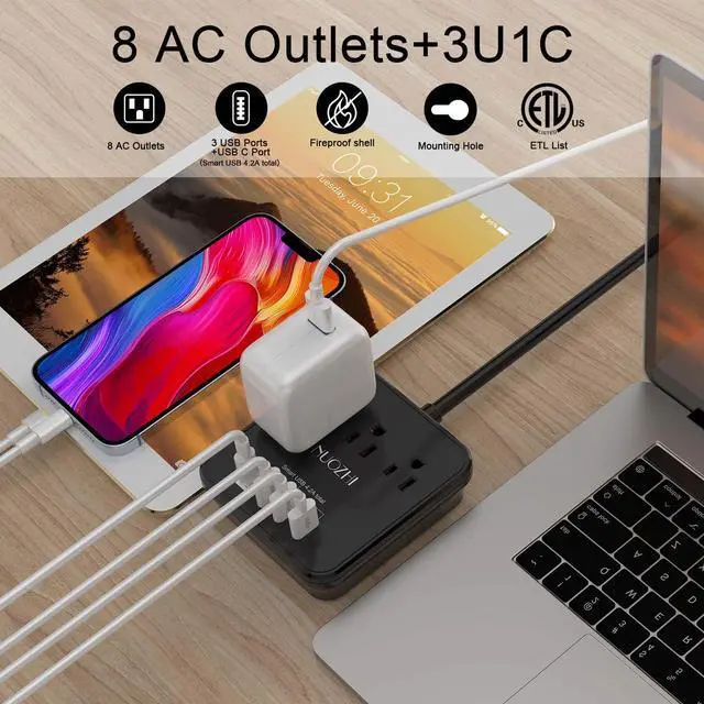 Alt view image 2 of 7 - Cruise Essentials,6 Ft Power Strip with 3 Outlets and 4 USB Ports(1 USB C), Non Surge Protector for Cruise Ship, Travel, Home Office, ETL Listed, Black