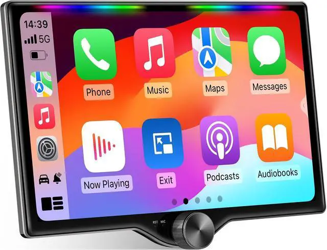 Main image of 10.1" QLED Double Din Car Stereo with Wireless Carplay & Android Auto, Music Sync Luminous Bar, SWC, Bluetooth, Backup Camera, 240W, Dual Subwoofer Output, Car Radio, Navigation, FM/AM