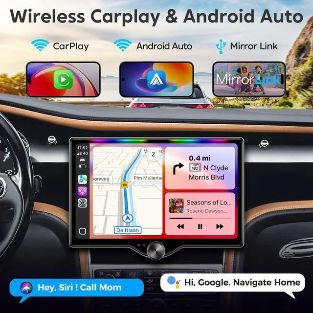 Alt view image 2 of 7 - 10.1" QLED Double Din Car Stereo with Wireless Carplay & Android Auto, Music Sync Luminous Bar, SWC, Bluetooth, Backup Camera, 240W, Dual Subwoofer Output, Car Radio, Navigation, FM/AM