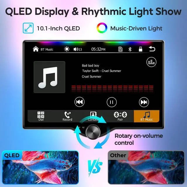 Alt view image 4 of 7 - 10.1" QLED Double Din Car Stereo with Wireless Carplay & Android Auto, Music Sync Luminous Bar, SWC, Bluetooth, Backup Camera, 240W, Dual Subwoofer Output, Car Radio, Navigation, FM/AM