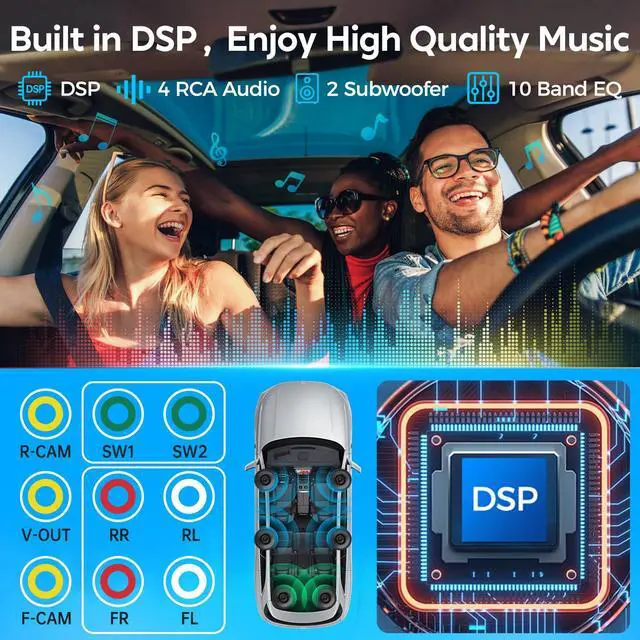 Alt view image 3 of 7 - 10.1" QLED Double Din Car Stereo with Wireless Carplay & Android Auto, Music Sync Luminous Bar, SWC, Bluetooth, Backup Camera, 240W, Dual Subwoofer Output, Car Radio, Navigation, FM/AM