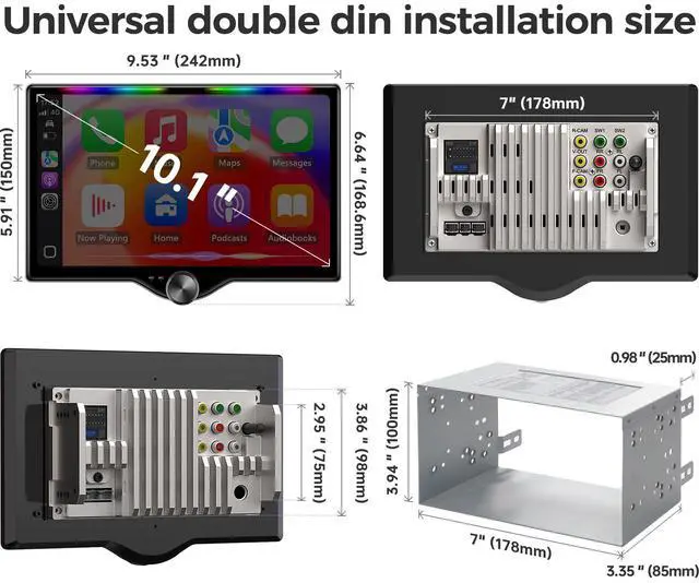 Alt view image 6 of 7 - 10.1" QLED Double Din Car Stereo with Wireless Carplay & Android Auto, Music Sync Luminous Bar, SWC, Bluetooth, Backup Camera, 240W, Dual Subwoofer Output, Car Radio, Navigation, FM/AM