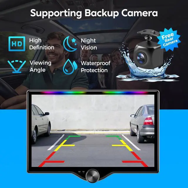Alt view image 7 of 7 - 10.1" QLED Double Din Car Stereo with Wireless Carplay & Android Auto, Music Sync Luminous Bar, SWC, Bluetooth, Backup Camera, 240W, Dual Subwoofer Output, Car Radio, Navigation, FM/AM