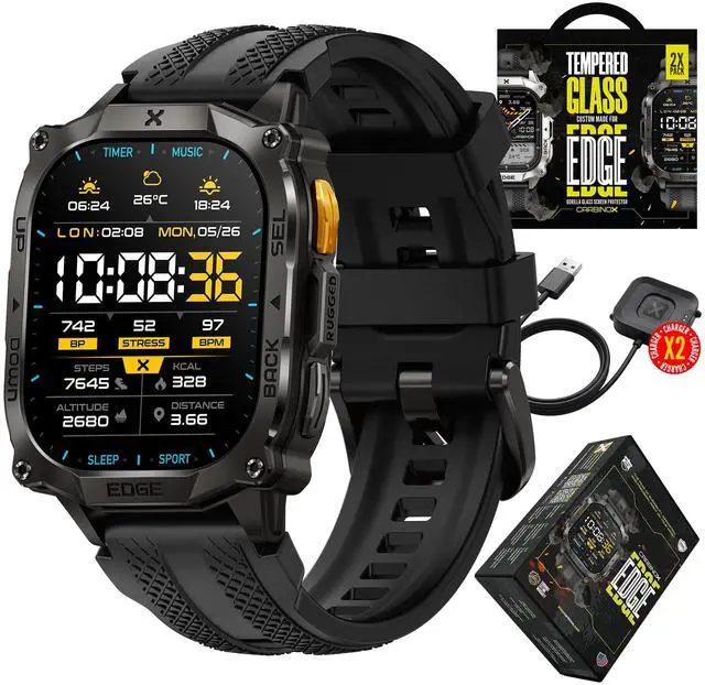 Main image of Edge Smart Watch Rugged, 1.96 AMOLED, Stainless Steel, IP69K/5ATM Fitness trackers, Dual-Band GNSS, 500mAh, Bluetooth Calls, Smart Watch for Android Phones iOS (Black)