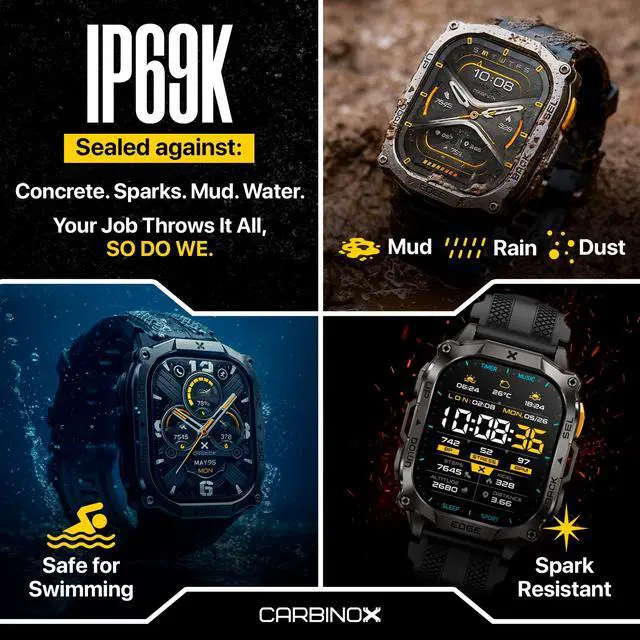 Alt view image 6 of 7 - Edge Smart Watch Rugged, 1.96 AMOLED, Stainless Steel, IP69K/5ATM Fitness trackers, Dual-Band GNSS, 500mAh, Bluetooth Calls, Smart Watch for Android Phones iOS (Black)