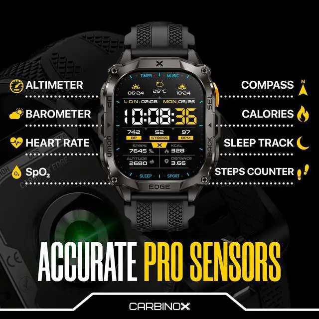 Alt view image 7 of 7 - Edge Smart Watch Rugged, 1.96 AMOLED, Stainless Steel, IP69K/5ATM Fitness trackers, Dual-Band GNSS, 500mAh, Bluetooth Calls, Smart Watch for Android Phones iOS (Black)