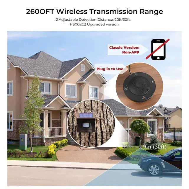 Alt view image 2 of 7 - Non-APP Solar Wireless Driveway Alarm, Outdoor Security System | 1/2 mile transmission range, plug-in receiver with weatherproof motion sensor, for driveways, homes and large properties