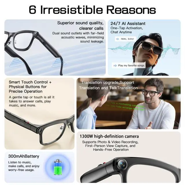 Alt view image 5 of 7 - AI Smart Glasses with 13MP Camera & Real-Time Translation,4K HD Video Recording for Vlogging, Voice Assistant, Open-Ear Audio, Photochromic Lenses for Business and Travel