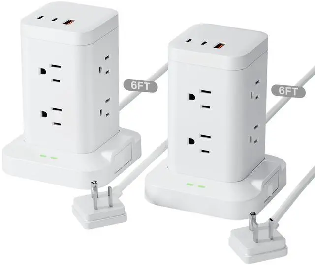 Main image of 2 Pack Power Strip Tower with Surge Protector 1800J, Fast Charging Tower PD20W USB-C Ports with 8 AC Outlets, 6ft Extension Cord for Home Office Dorm Room, White