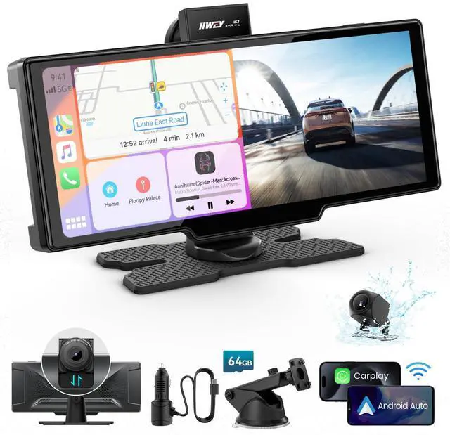 Main image of iK7 10-Inch Wireless Apple CarPlay Screen, Android Auto, 4K Dash Cam | Portable 1600x600 60Hz touchscreen with 1080P backup camera, 64GB card, phone-based GPS, voice control and mirror link