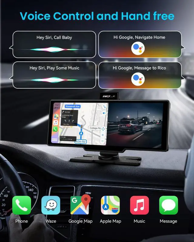Alt view image 3 of 7 - iK7 10-Inch Wireless Apple CarPlay Screen, Android Auto, 4K Dash Cam | Portable 1600x600 60Hz touchscreen with 1080P backup camera, 64GB card, phone-based GPS, voice control and mirror link
