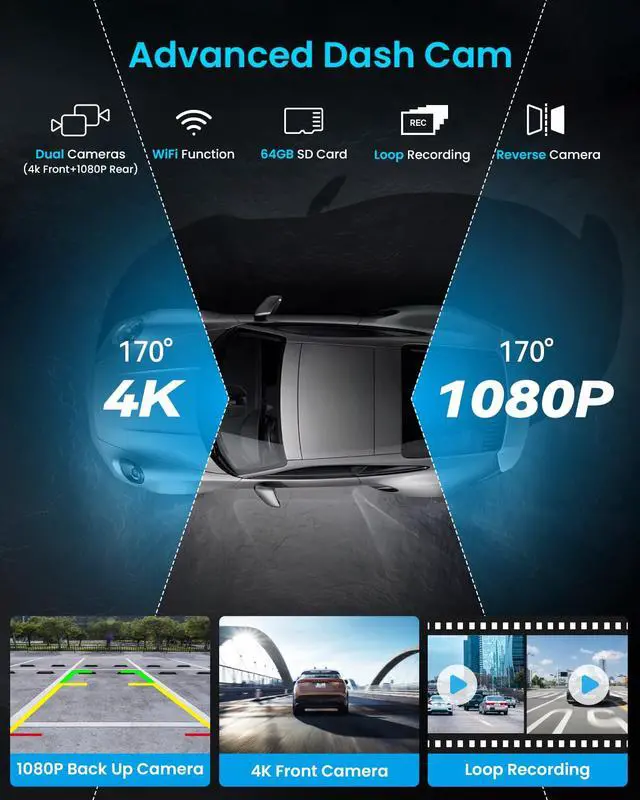 Alt view image 4 of 7 - iK7 10-Inch Wireless Apple CarPlay Screen, Android Auto, 4K Dash Cam | Portable 1600x600 60Hz touchscreen with 1080P backup camera, 64GB card, phone-based GPS, voice control and mirror link