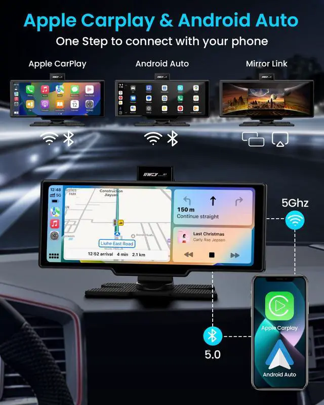 Alt view image 2 of 7 - iK7 10-Inch Wireless Apple CarPlay Screen, Android Auto, 4K Dash Cam | Portable 1600x600 60Hz touchscreen with 1080P backup camera, 64GB card, phone-based GPS, voice control and mirror link