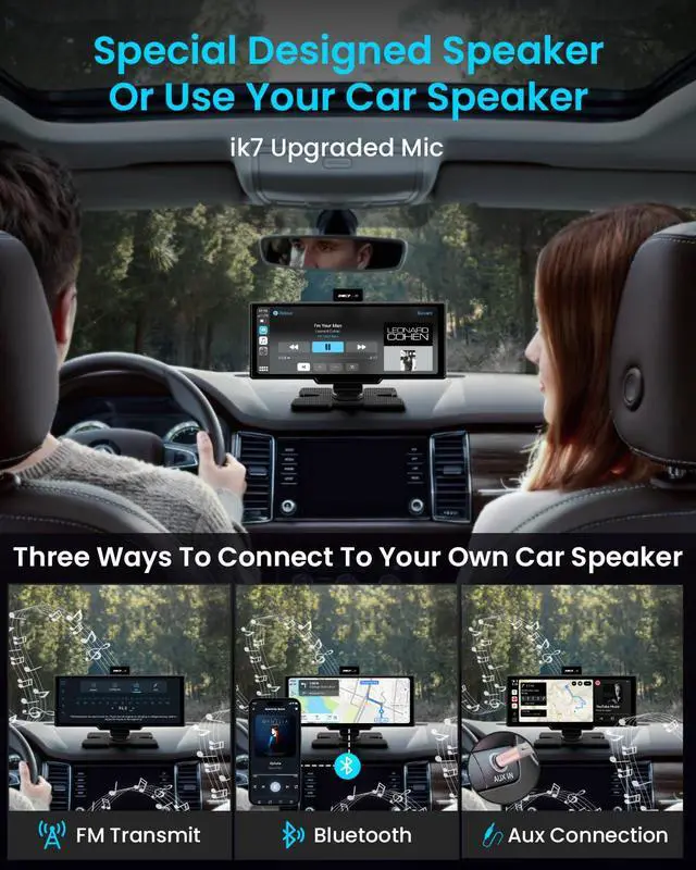 Alt view image 5 of 7 - iK7 10-Inch Wireless Apple CarPlay Screen, Android Auto, 4K Dash Cam | Portable 1600x600 60Hz touchscreen with 1080P backup camera, 64GB card, phone-based GPS, voice control and mirror link