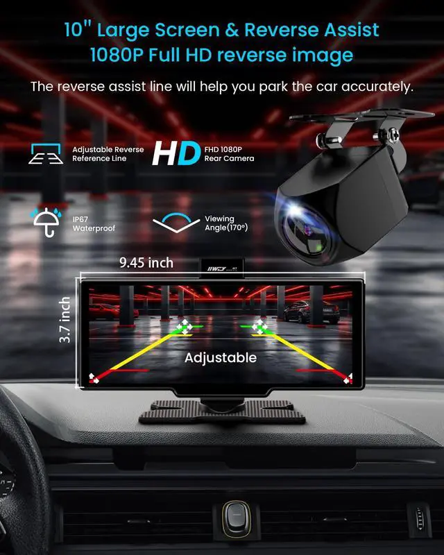 Alt view image 7 of 7 - iK7 10-Inch Wireless Apple CarPlay Screen, Android Auto, 4K Dash Cam | Portable 1600x600 60Hz touchscreen with 1080P backup camera, 64GB card, phone-based GPS, voice control and mirror link