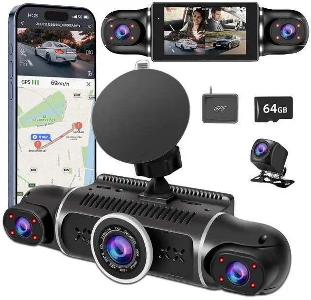 Main image of 360° Dash Cam Front and Rear View 4 Channel Dash Camera FHD 2K+1080Px3 for Car, Inside/Back 170°+2x150°+170° Wide Angle, 8 IR Lamps Night Vision,WiFi,GPS, APP,G-Sensor with 64GB Card,24/7 Parking Mode