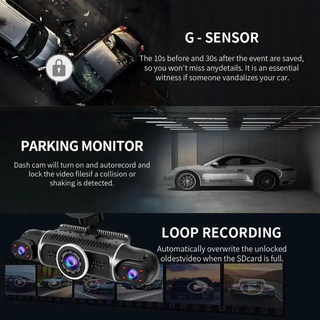 Alt view image 4 of 7 - 360° Dash Cam Front and Rear View 4 Channel Dash Camera FHD 2K+1080Px3 for Car, Inside/Back 170°+2x150°+170° Wide Angle, 8 IR Lamps Night Vision,WiFi,GPS, APP,G-Sensor with 64GB Card,24/7 Parking Mode