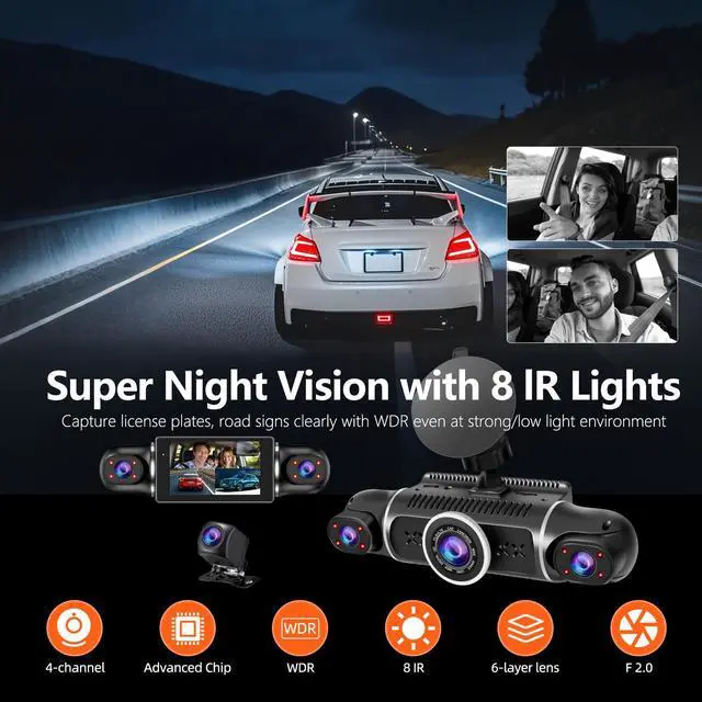 Alt view image 5 of 7 - 360° Dash Cam Front and Rear View 4 Channel Dash Camera FHD 2K+1080Px3 for Car, Inside/Back 170°+2x150°+170° Wide Angle, 8 IR Lamps Night Vision,WiFi,GPS, APP,G-Sensor with 64GB Card,24/7 Parking Mode