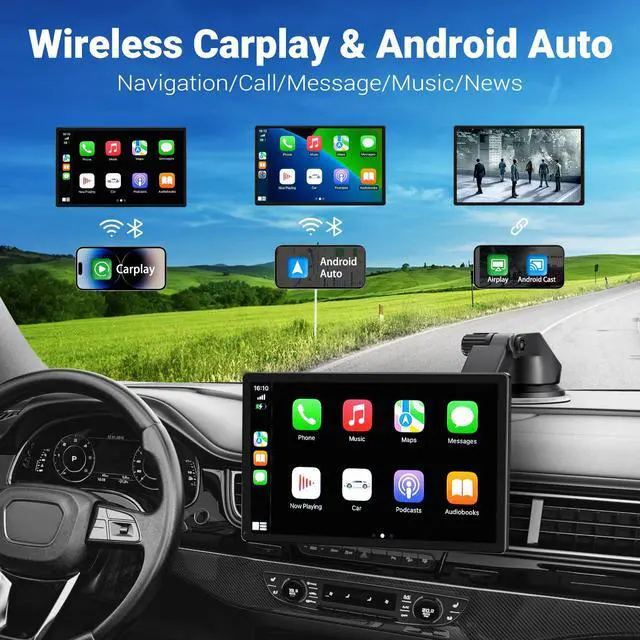 Alt view image 2 of 7 - 9" Wireless Apple Carplay Screen for Car & Android Auto with Backup Camera | Portable Touchscreen with OTA Update, GPS Navigation/Mirror Link/Voice Control/5.0 Bluetooth