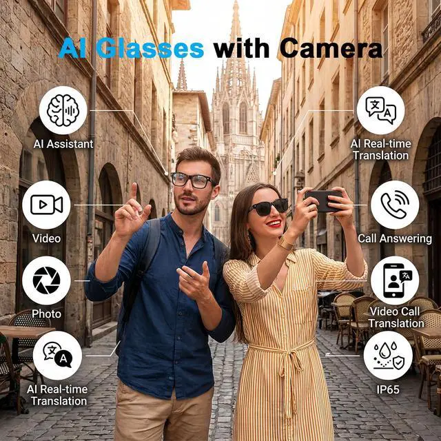 Alt view image 2 of 7 - AI Smart Glasses with Camera, 8MP HD Bluetooth Camera Glasses for Women Men | 1080P Video Recording Sunglasses, Real Time Translation, Voice Assistant, Open Earbuds, Travel, Work, Vlog