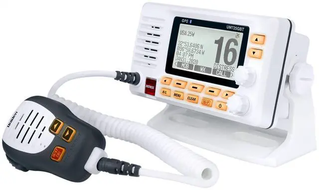 Alt view image 2 of 7 - UM725GBT Marine VHF Radio, All USA, Canada, and Intl. Marine Channels, 1Watt/25Watt Transmit Power, Largest LCD Screen in Class, NOAA Weather Channels, Speaker Mic, GPS Built-in, and Bluetooth