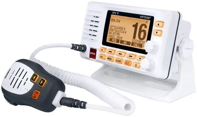 Alt view image 4 of 7 - UM725GBT Marine VHF Radio, All USA, Canada, and Intl. Marine Channels, 1Watt/25Watt Transmit Power, Largest LCD Screen in Class, NOAA Weather Channels, Speaker Mic, GPS Built-in, and Bluetooth