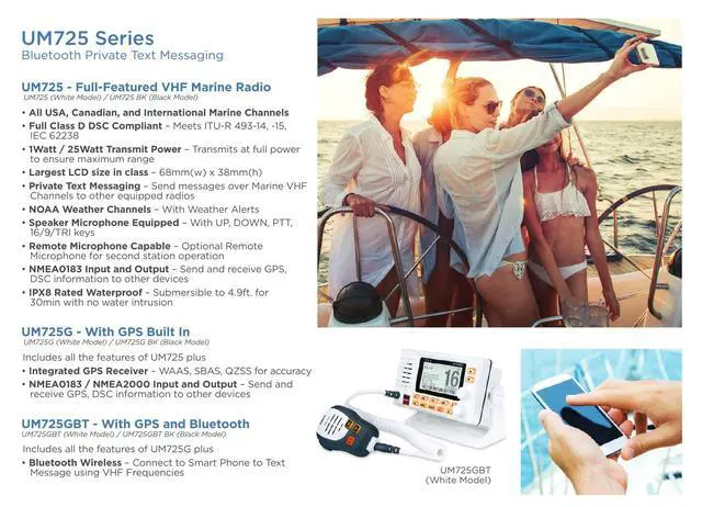 Alt view image 3 of 7 - UM725GBT Marine VHF Radio, All USA, Canada, and Intl. Marine Channels, 1Watt/25Watt Transmit Power, Largest LCD Screen in Class, NOAA Weather Channels, Speaker Mic, GPS Built-in, and Bluetooth