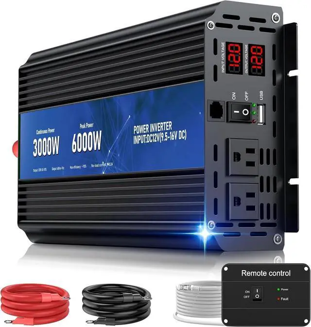 Main image of 3000W Power Inverter 12V DC to 110V/120V AC Converter, 6000W Peak, LCD Display & Remote Control, Dual AC Outlets & 3.4A USB Port for RV, Truck, Solar System, Emergency Backup, Camping & Off-Grid Power