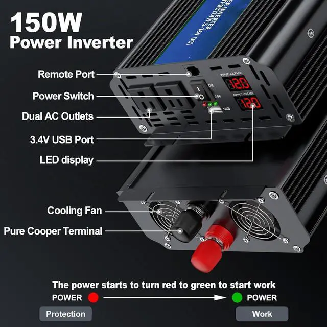 Alt view image 2 of 7 - 3000W Power Inverter 12V DC to 110V/120V AC Converter, 6000W Peak, LCD Display & Remote Control, Dual AC Outlets & 3.4A USB Port for RV, Truck, Solar System, Emergency Backup, Camping & Off-Grid Power
