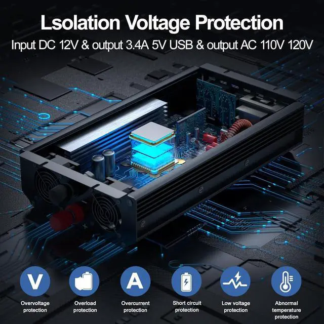 Alt view image 4 of 7 - 3000W Power Inverter 12V DC to 110V/120V AC Converter, 6000W Peak, LCD Display & Remote Control, Dual AC Outlets & 3.4A USB Port for RV, Truck, Solar System, Emergency Backup, Camping & Off-Grid Power