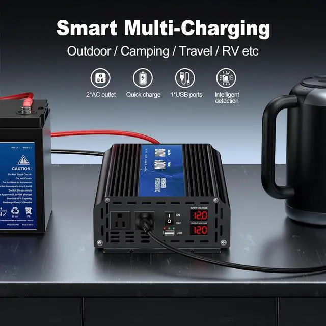 Alt view image 6 of 7 - 3000W Power Inverter 12V DC to 110V/120V AC Converter, 6000W Peak, LCD Display & Remote Control, Dual AC Outlets & 3.4A USB Port for RV, Truck, Solar System, Emergency Backup, Camping & Off-Grid Power