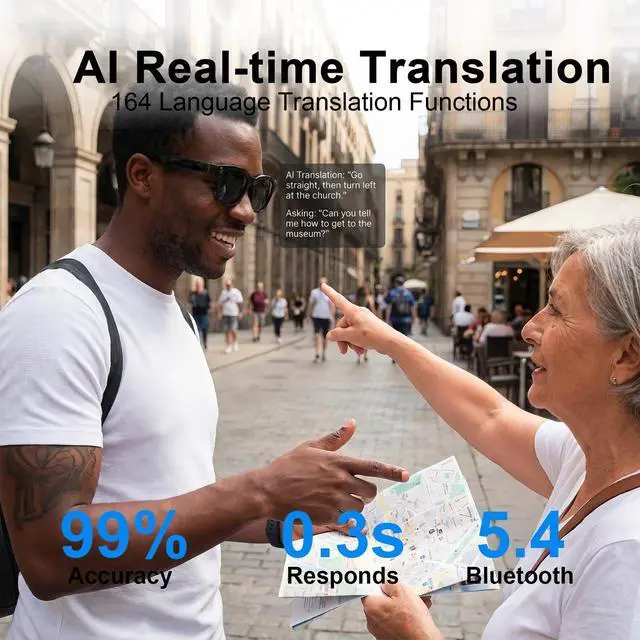 Alt view image 5 of 7 - AI Smart Glasses with Camera, 8MP HD Bluetooth Camera Glasses for Women Men | 1080P Video Recording Sunglasses, Real Time Translation, Voice Assistant, Open Earbuds, Travel, Work, Vlog