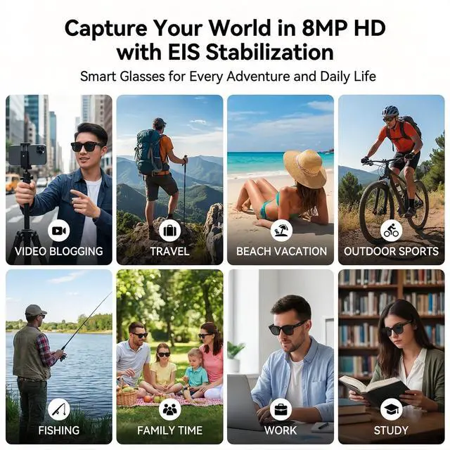 Alt view image 6 of 7 - AI Smart Glasses with Camera, 8MP HD Bluetooth Camera Glasses for Women Men | 1080P Video Recording Sunglasses, Real Time Translation, Voice Assistant, Open Earbuds, Travel, Work, Vlog