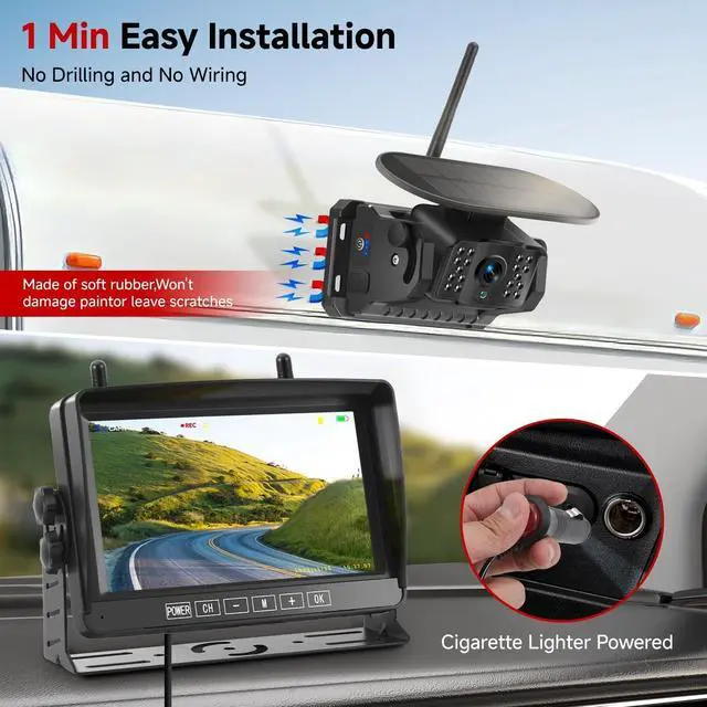 Alt view image 2 of 7 - Dual Magnetic Wireless Backup Camera with 7" 1080P Monitor, VA001 | 15000mAh Solar Battery, 4CH DVR Loop Recording, IR Night Vision, IP69 Waterproof, For Truck, RV, Camper, Trailer, Boat