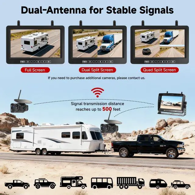 Alt view image 5 of 7 - Dual Magnetic Wireless Backup Camera with 7" 1080P Monitor, VA001 | 15000mAh Solar Battery, 4CH DVR Loop Recording, IR Night Vision, IP69 Waterproof, For Truck, RV, Camper, Trailer, Boat