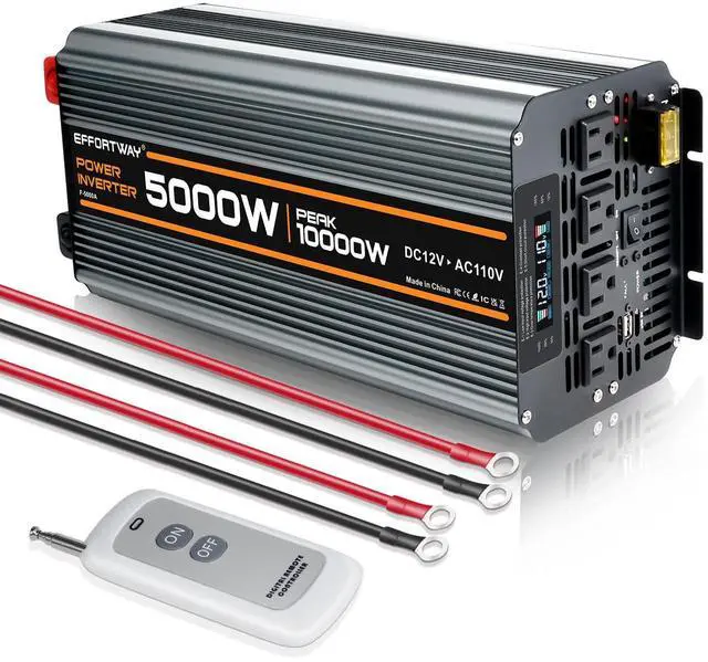 Main image of 5000 watt Power Inverter DC 12V to AC 110V/120V Converter,10000w Peak.Comes with LCD Display,Wireless Controller, 4AC outlets,1USB.RV Inverter,Suitable for Camping,and Off-Grid Solar Inverter Systems
