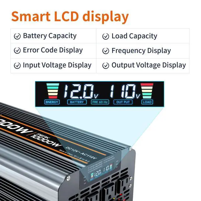 Alt view image 3 of 7 - 5000 watt Power Inverter DC 12V to AC 110V/120V Converter,10000w Peak.Comes with LCD Display,Wireless Controller, 4AC outlets,1USB.RV Inverter,Suitable for Camping,and Off-Grid Solar Inverter Systems