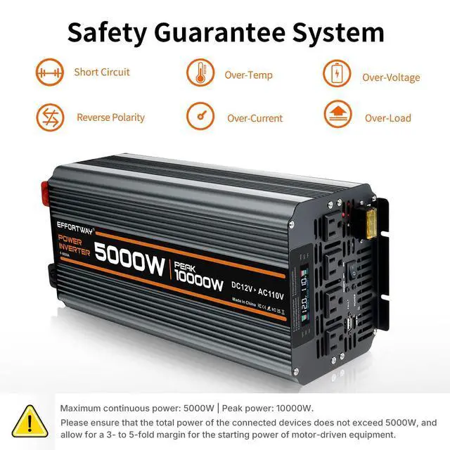 Alt view image 4 of 7 - 5000 watt Power Inverter DC 12V to AC 110V/120V Converter,10000w Peak.Comes with LCD Display,Wireless Controller, 4AC outlets,1USB.RV Inverter,Suitable for Camping,and Off-Grid Solar Inverter Systems