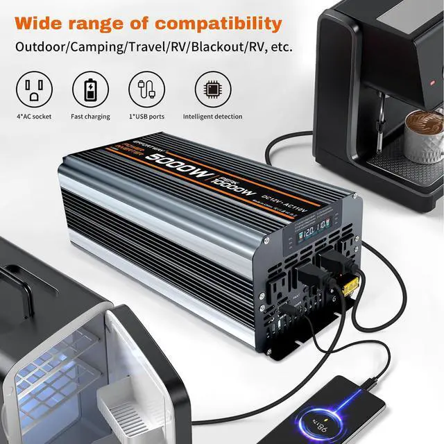 Alt view image 2 of 7 - 5000 watt Power Inverter DC 12V to AC 110V/120V Converter,10000w Peak.Comes with LCD Display,Wireless Controller, 4AC outlets,1USB.RV Inverter,Suitable for Camping,and Off-Grid Solar Inverter Systems