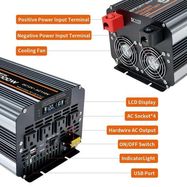 Alt view image 5 of 7 - 5000 watt Power Inverter DC 12V to AC 110V/120V Converter,10000w Peak.Comes with LCD Display,Wireless Controller, 4AC outlets,1USB.RV Inverter,Suitable for Camping,and Off-Grid Solar Inverter Systems