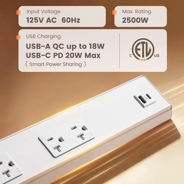 Alt view image 2 of 7 - 2-Pack Under Cabinet Hardwired Power Strip, 16 inch, Pre-Wired | Angled Trapezoid Design, 2×20A TR Outlets with USB-A & USB-C, Expandable Modular System, Easy Installation, ETL Listed