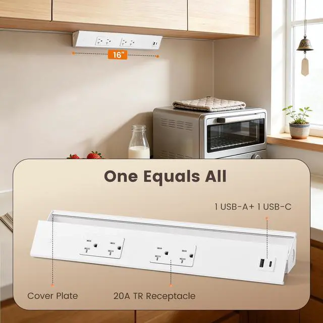 Alt view image 3 of 7 - 2-Pack Under Cabinet Hardwired Power Strip, 16 inch, Pre-Wired | Angled Trapezoid Design, 2×20A TR Outlets with USB-A & USB-C, Expandable Modular System, Easy Installation, ETL Listed