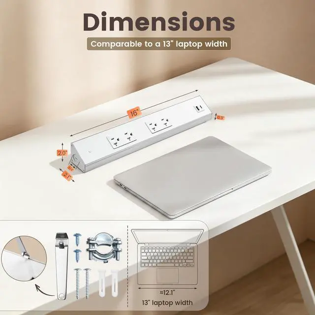Alt view image 7 of 7 - 2-Pack Under Cabinet Hardwired Power Strip, 16 inch, Pre-Wired | Angled Trapezoid Design, 2×20A TR Outlets with USB-A & USB-C, Expandable Modular System, Easy Installation, ETL Listed