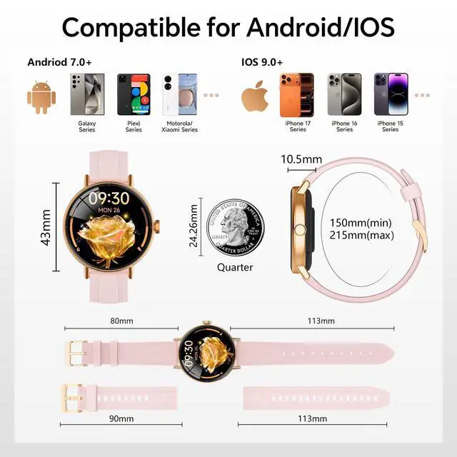 Alt view image 7 of 7 - Smart Watch for Women,1.57" Touch Screen Smartwatch for iPhone& Samsung& Android,Answer/Make Call,Fitness Tracker with Heart Rate/SpO2/Sleep Monitor,IP68 Waterproof,110+ Sports Mode,2 Bands
