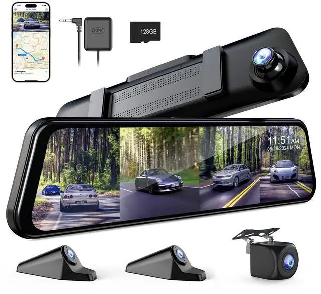 Main image of 360 Degree View 4 Channel Mirror Dash Cam Detached Camera for CarsDash Cam Front and Rear Side(Left,Right),12'' Rear View Mirror Camera1080Px4,WiFi,Night Vision,GPS,Parking Monitor,Free 128GB Card