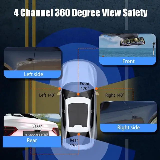 Alt view image 3 of 7 - 360 Degree View 4 Channel Mirror Dash Cam Detached Camera for CarsDash Cam Front and Rear Side(Left,Right),12'' Rear View Mirror Camera1080Px4,WiFi,Night Vision,GPS,Parking Monitor,Free 128GB Card