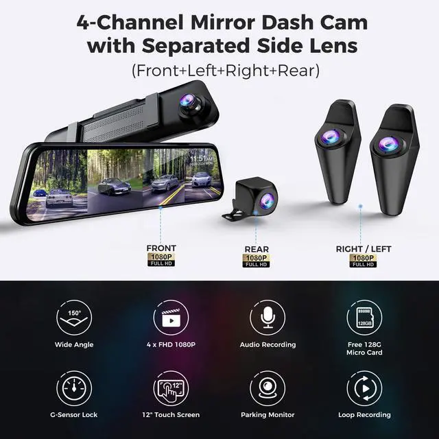 Alt view image 2 of 7 - 360 Degree View 4 Channel Mirror Dash Cam Detached Camera for CarsDash Cam Front and Rear Side(Left,Right),12'' Rear View Mirror Camera1080Px4,WiFi,Night Vision,GPS,Parking Monitor,Free 128GB Card